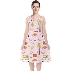 Cute-tiger-car-safari-seamless-pattern V-neck Midi Sleeveless Dress  by uniart180623