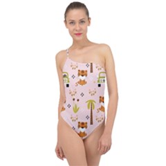 Cute-tiger-car-safari-seamless-pattern Classic One Shoulder Swimsuit by uniart180623