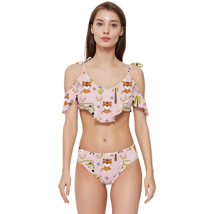 Cute-tiger-car-safari-seamless-pattern Ruffle Edge Tie Up Bikini Set	