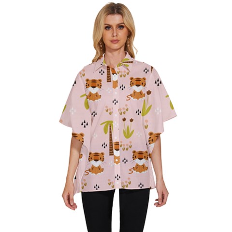 Cute-tiger-car-safari-seamless-pattern Women s Batwing Button Up Shirt by uniart180623