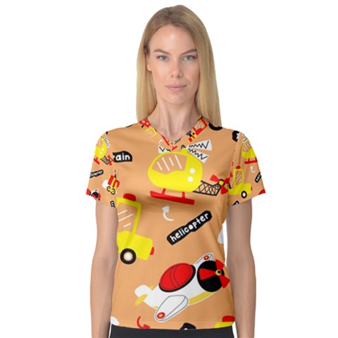 Seamless-pattern-cartoon-with-transportation-vehicles V-neck Sport Mesh Tee by uniart180623