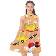 Seamless-pattern-cartoon-with-transportation-vehicles Halter Neckline Chiffon Dress  by uniart180623