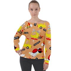 Seamless-pattern-cartoon-with-transportation-vehicles Off Shoulder Long Sleeve Velour Top by uniart180623