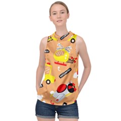 Seamless-pattern-cartoon-with-transportation-vehicles High Neck Satin Top by uniart180623