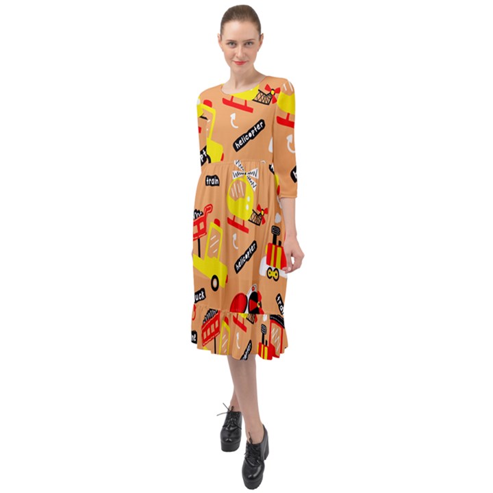 Seamless-pattern-cartoon-with-transportation-vehicles Ruffle End Midi Chiffon Dress