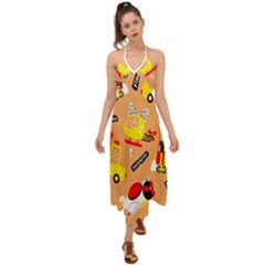 Seamless-pattern-cartoon-with-transportation-vehicles Halter Tie Back Dress  by uniart180623