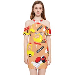 Seamless-pattern-cartoon-with-transportation-vehicles Shoulder Frill Bodycon Summer Dress