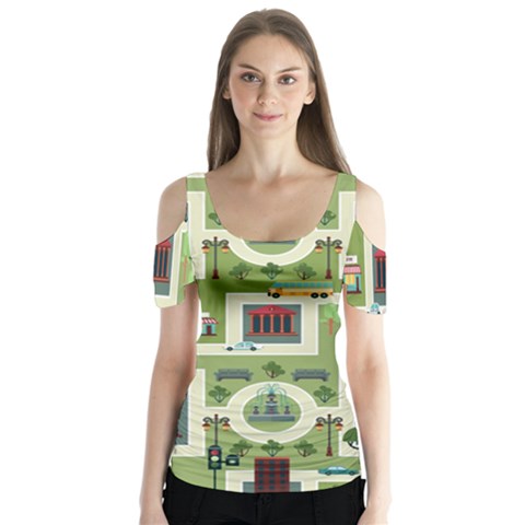 City-seamless-pattern Butterfly Sleeve Cutout Tee  by uniart180623