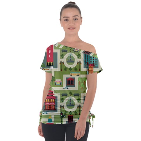 City-seamless-pattern Off Shoulder Tie-up Tee by uniart180623