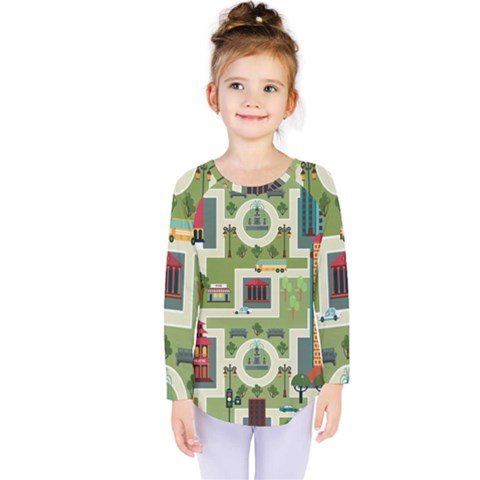 City-seamless-pattern Kids  Long Sleeve Tee by uniart180623