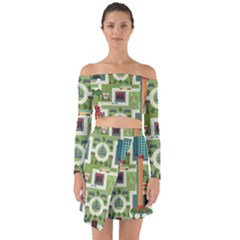 City-seamless-pattern Off Shoulder Top With Skirt Set by uniart180623