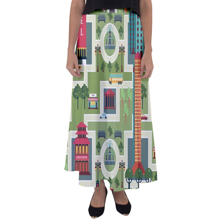 City-seamless-pattern Flared Maxi Skirt