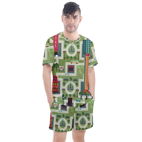 City-seamless-pattern Men s Mesh Tee And Shorts Set by uniart180623