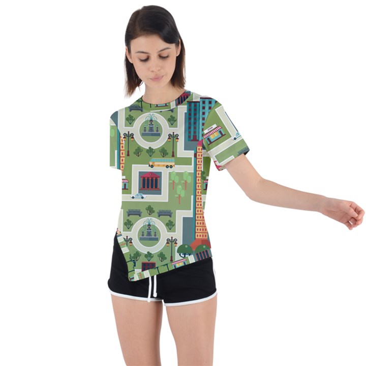 City-seamless-pattern Asymmetrical Short Sleeve Sports Tee