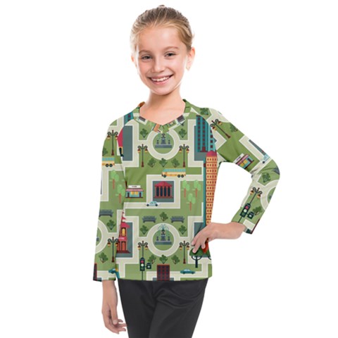 City-seamless-pattern Kids  Long Mesh Tee by uniart180623