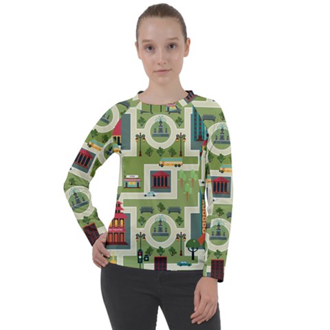 City-seamless-pattern Women s Long Sleeve Raglan Tee by uniart180623