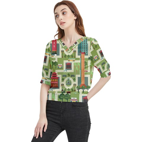 City-seamless-pattern Quarter Sleeve Blouse by uniart180623