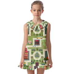 City-seamless-pattern Kids  Pilgrim Collar Ruffle Hem Dress by uniart180623