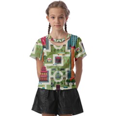 City-seamless-pattern Kids  Front Cut Tee by uniart180623