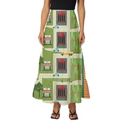 City-seamless-pattern Tiered Ruffle Maxi Skirt by uniart180623