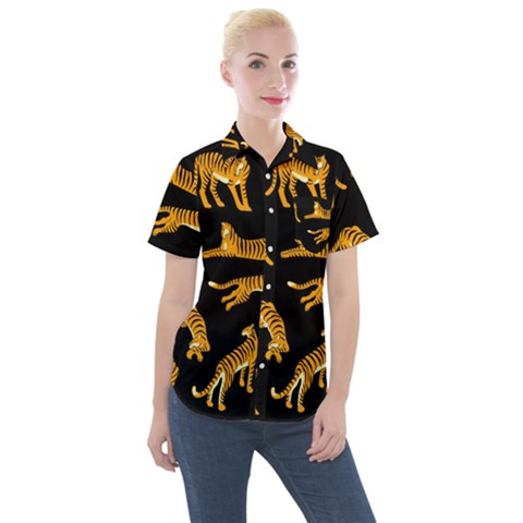 Seamless-exotic-pattern-with-tigers Women s Short Sleeve Pocket Shirt by uniart180623