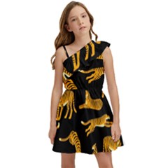 Seamless-exotic-pattern-with-tigers Kids  One Shoulder Party Dress by uniart180623