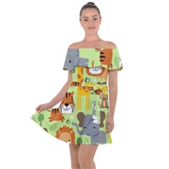 Seamless-pattern-vector-with-animals-wildlife-cartoon Off Shoulder Velour Dress by uniart180623