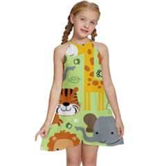 Seamless-pattern-vector-with-animals-wildlife-cartoon Kids  Halter Collar Waist Tie Chiffon Dress by uniart180623