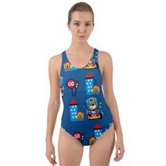 Racing-car-printing-set-cartoon-vector-pattern Cut-out Back One Piece Swimsuit by uniart180623