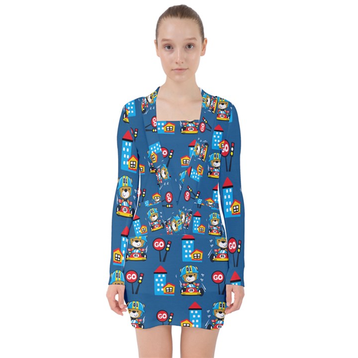 Racing-car-printing-set-cartoon-vector-pattern V-neck Bodycon Long Sleeve Dress