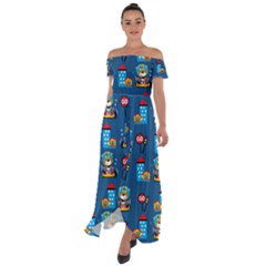 Racing-car-printing-set-cartoon-vector-pattern Off Shoulder Open Front Chiffon Dress by uniart180623