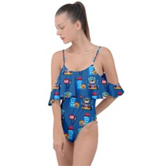 Racing-car-printing-set-cartoon-vector-pattern Drape Piece Swimsuit by uniart180623