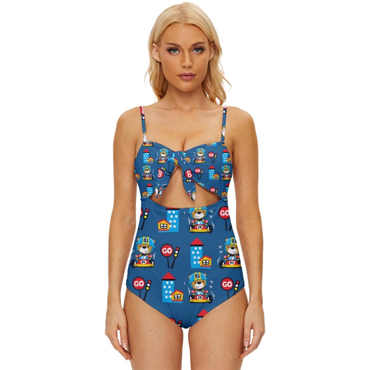 Racing-car-printing-set-cartoon-vector-pattern Knot Front One-Piece Swimsuit