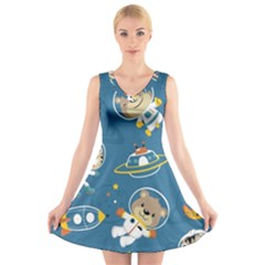 Seamless-pattern-funny-astronaut-outer-space-transportation V-neck Sleeveless Dress by uniart180623