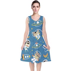 Seamless-pattern-funny-astronaut-outer-space-transportation V-neck Midi Sleeveless Dress  by uniart180623