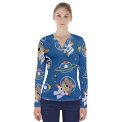 Seamless-pattern-funny-astronaut-outer-space-transportation V-neck Long Sleeve Top by uniart180623