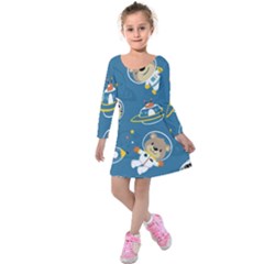 Seamless-pattern-funny-astronaut-outer-space-transportation Kids  Long Sleeve Velvet Dress by uniart180623