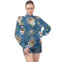 Seamless-pattern-funny-astronaut-outer-space-transportation High Neck Long Sleeve Chiffon Top View1