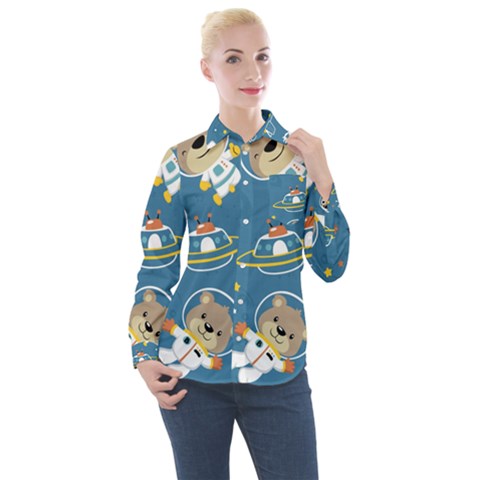 Seamless-pattern-funny-astronaut-outer-space-transportation Women s Long Sleeve Pocket Shirt by uniart180623