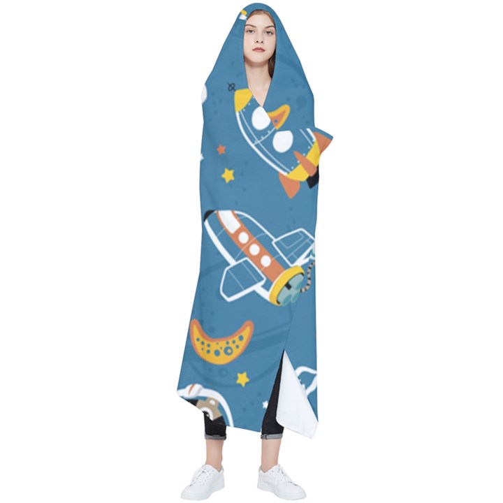 Seamless-pattern-funny-astronaut-outer-space-transportation Wearable Blanket