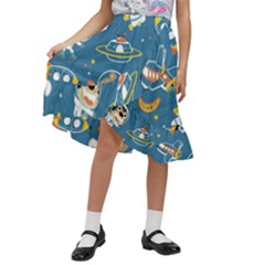 Seamless-pattern-funny-astronaut-outer-space-transportation Kids  Ruffle Flared Wrap Midi Skirt by uniart180623