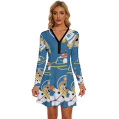 Seamless-pattern-funny-astronaut-outer-space-transportation Long Sleeve Deep V Mini Dress 