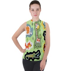 Seamless-pattern-with-wildlife-animals-cartoon Mock Neck Chiffon Sleeveless Top by uniart180623