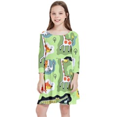 Seamless-pattern-with-wildlife-animals-cartoon Kids  Quarter Sleeve Skater Dress by uniart180623