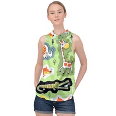 Seamless-pattern-with-wildlife-animals-cartoon High Neck Satin Top by uniart180623