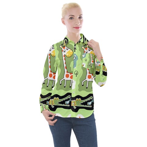 Seamless-pattern-with-wildlife-animals-cartoon Women s Long Sleeve Pocket Shirt by uniart180623