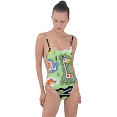 Seamless-pattern-with-wildlife-animals-cartoon Tie Strap One Piece Swimsuit by uniart180623