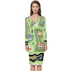 Seamless-pattern-with-wildlife-animals-cartoon Long Sleeve V-neck Bodycon Dress 