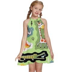 Seamless-pattern-with-wildlife-animals-cartoon Kids  Halter Collar Waist Tie Chiffon Dress by uniart180623