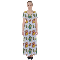 Background-with-owls-leaves-pattern High Waist Short Sleeve Maxi Dress by uniart180623